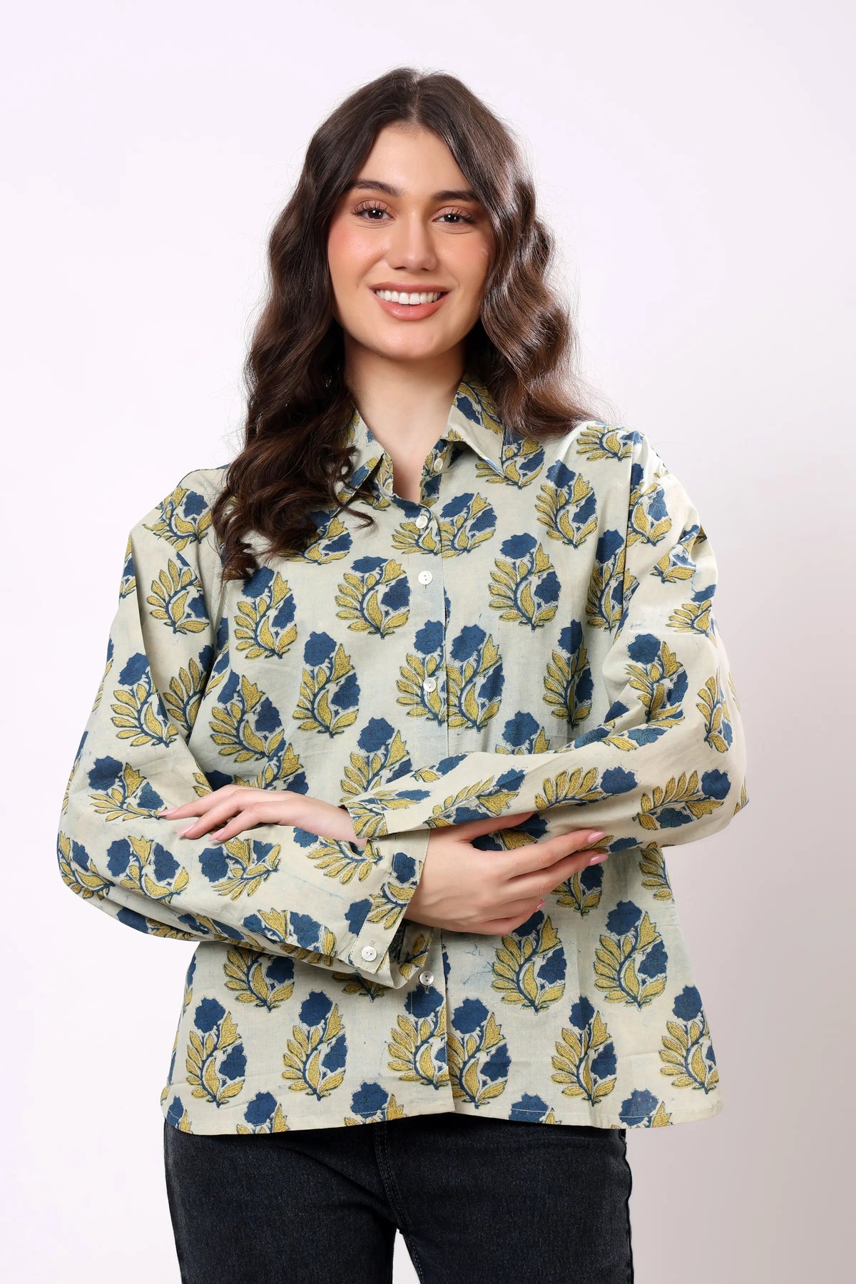 Blue Floral Block Print Cotton Shirt