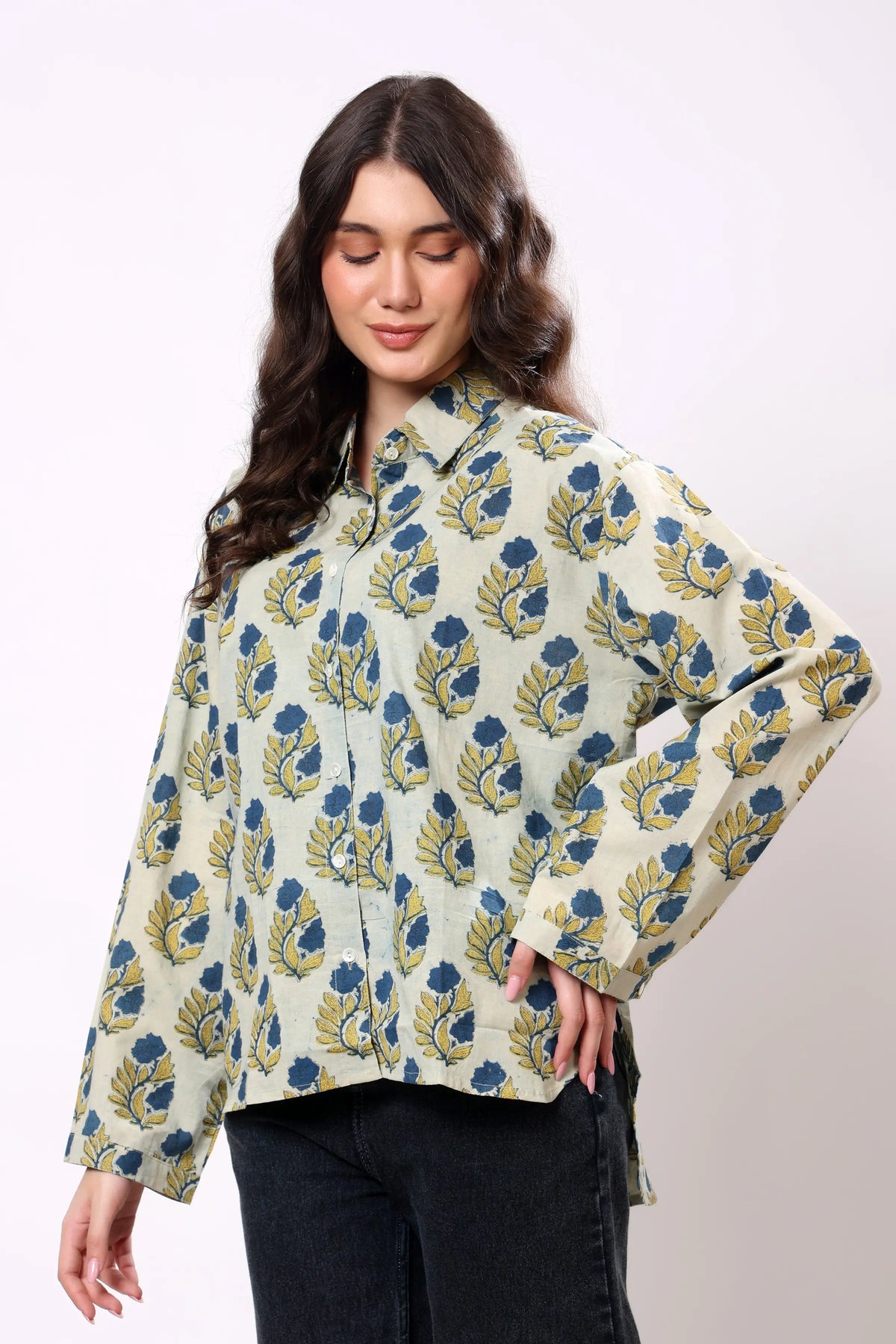Blue Floral Block Print Cotton Shirt