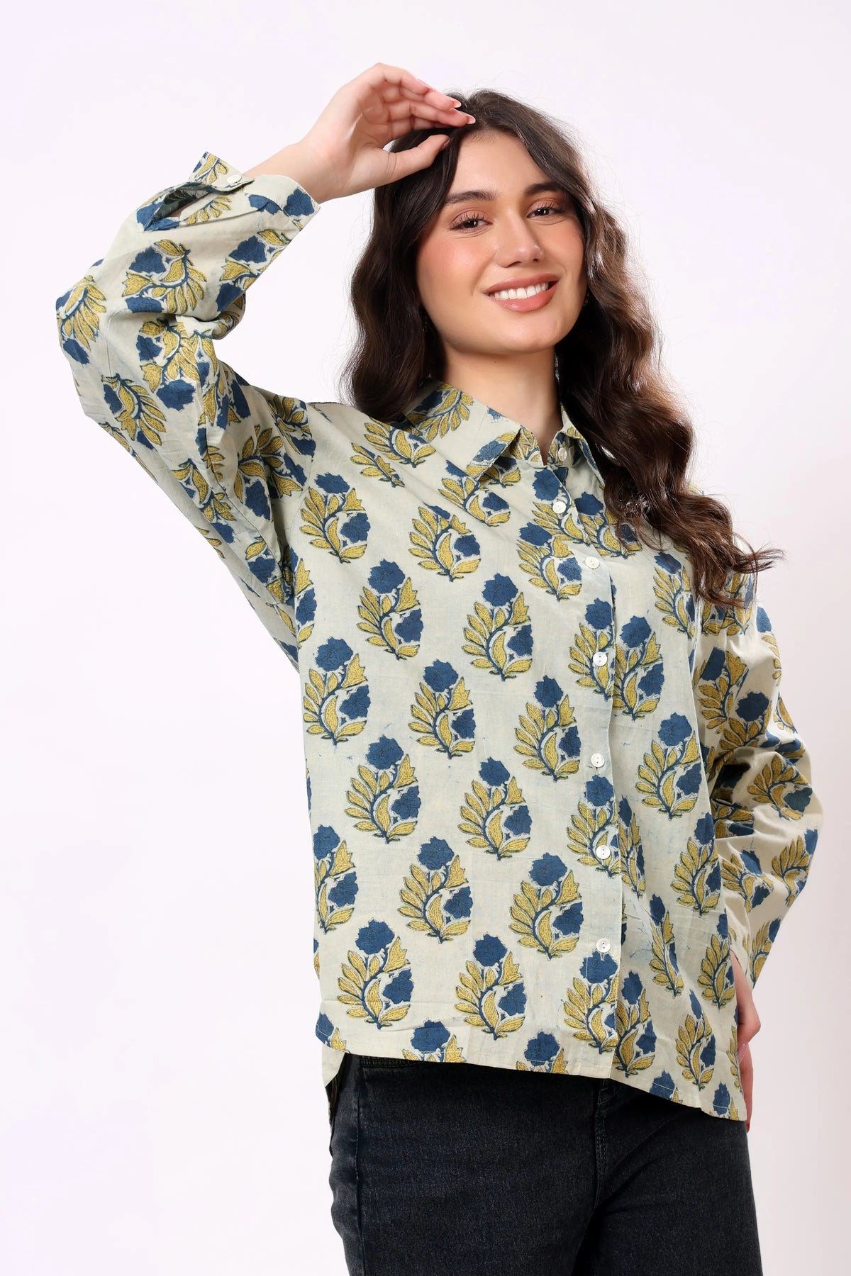 Blue Floral Block Print Cotton Shirt