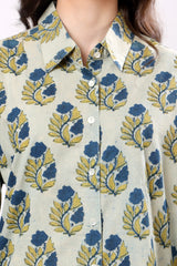 Blue Floral Block Print Cotton Shirt