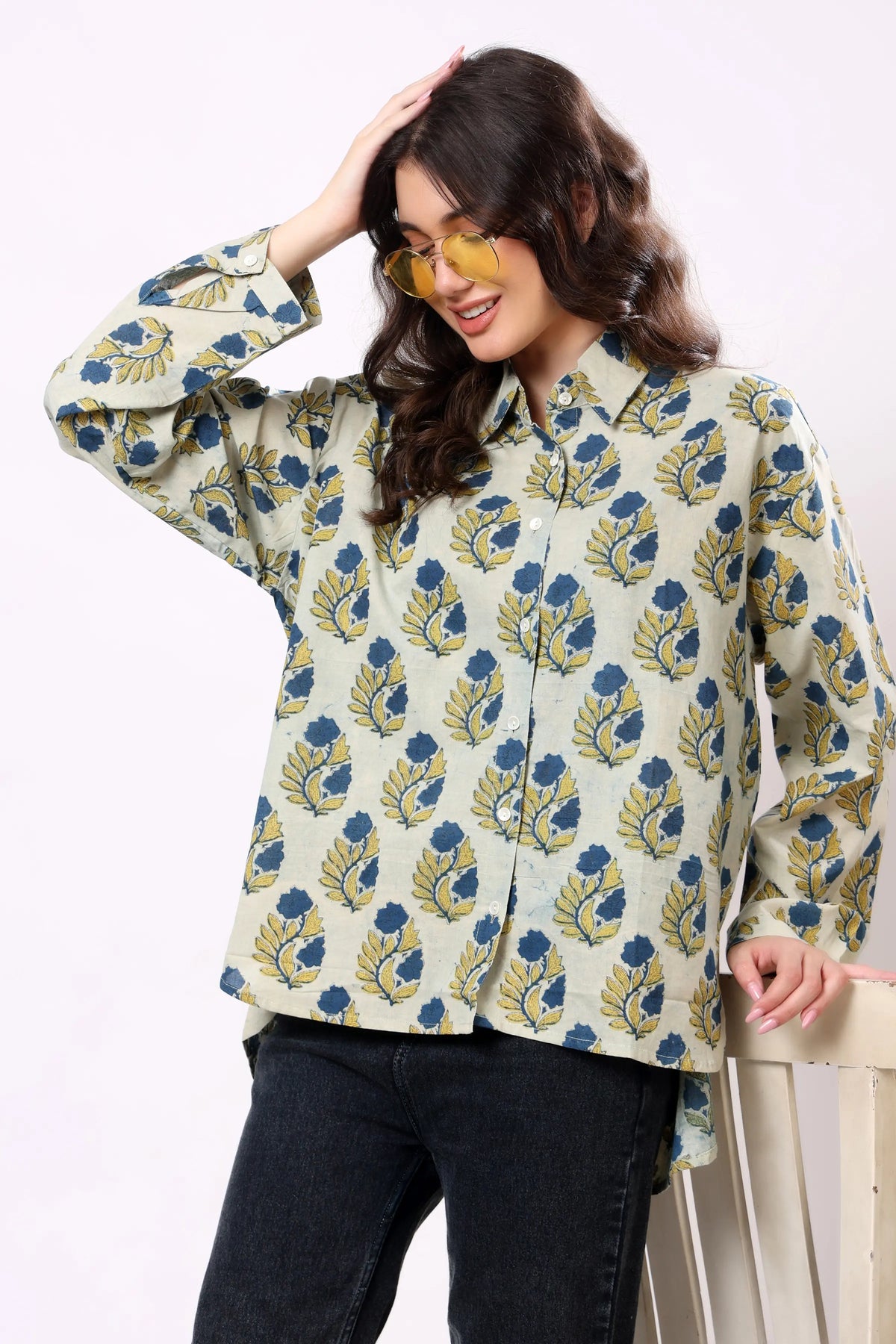 Blue Floral Block Print Cotton Shirt