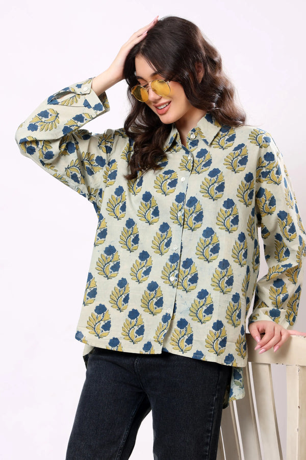 Blue Floral Block Print Cotton Shirt