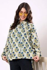 Blue Floral Block Print Cotton Shirt