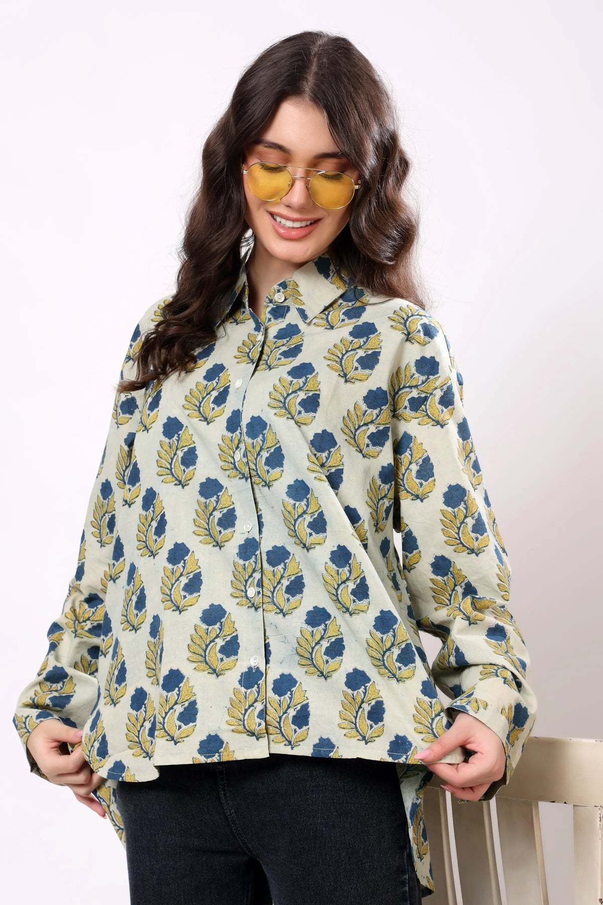 Blue Floral Block Print Cotton Shirt
