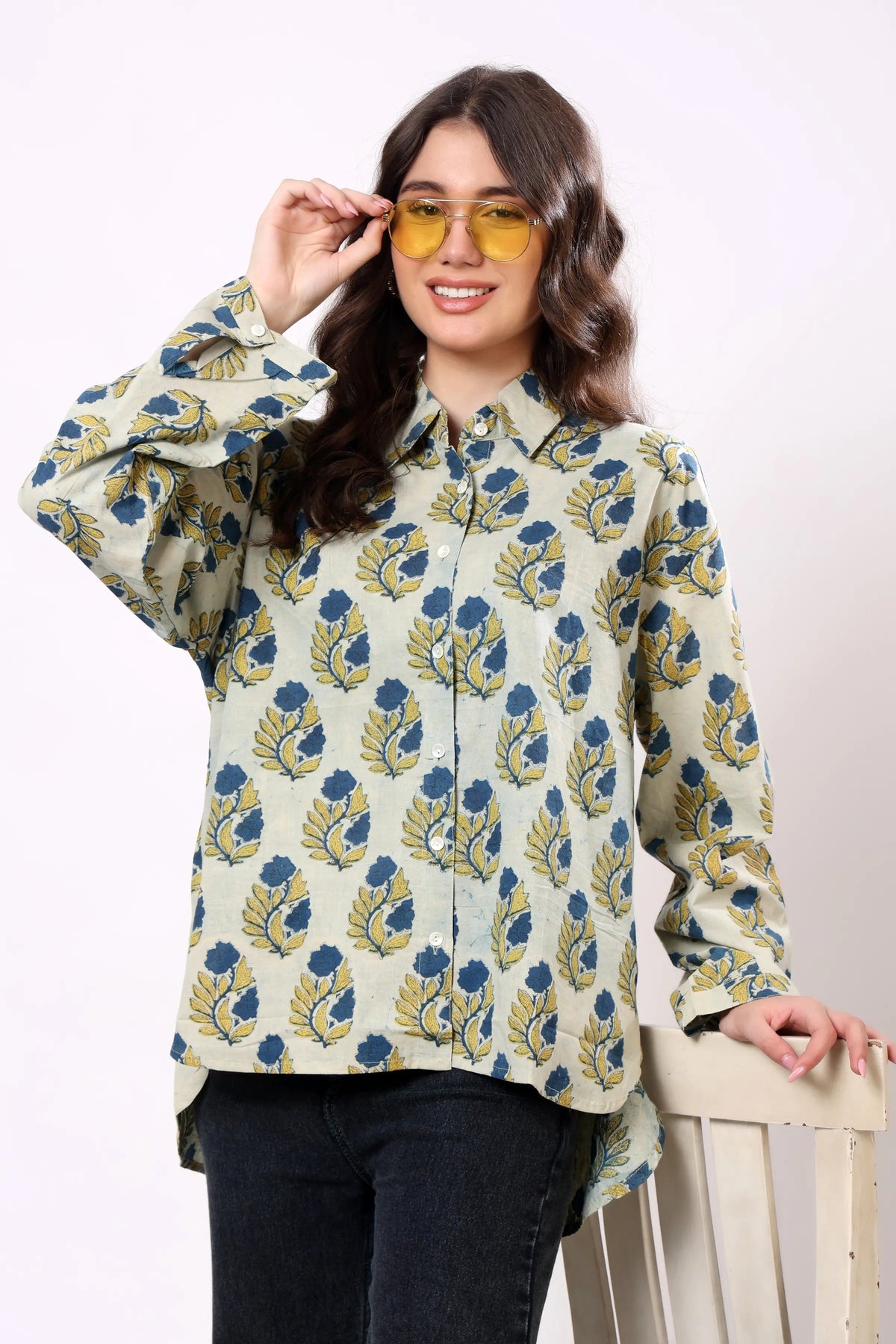 Blue Floral Block Print Cotton Shirt