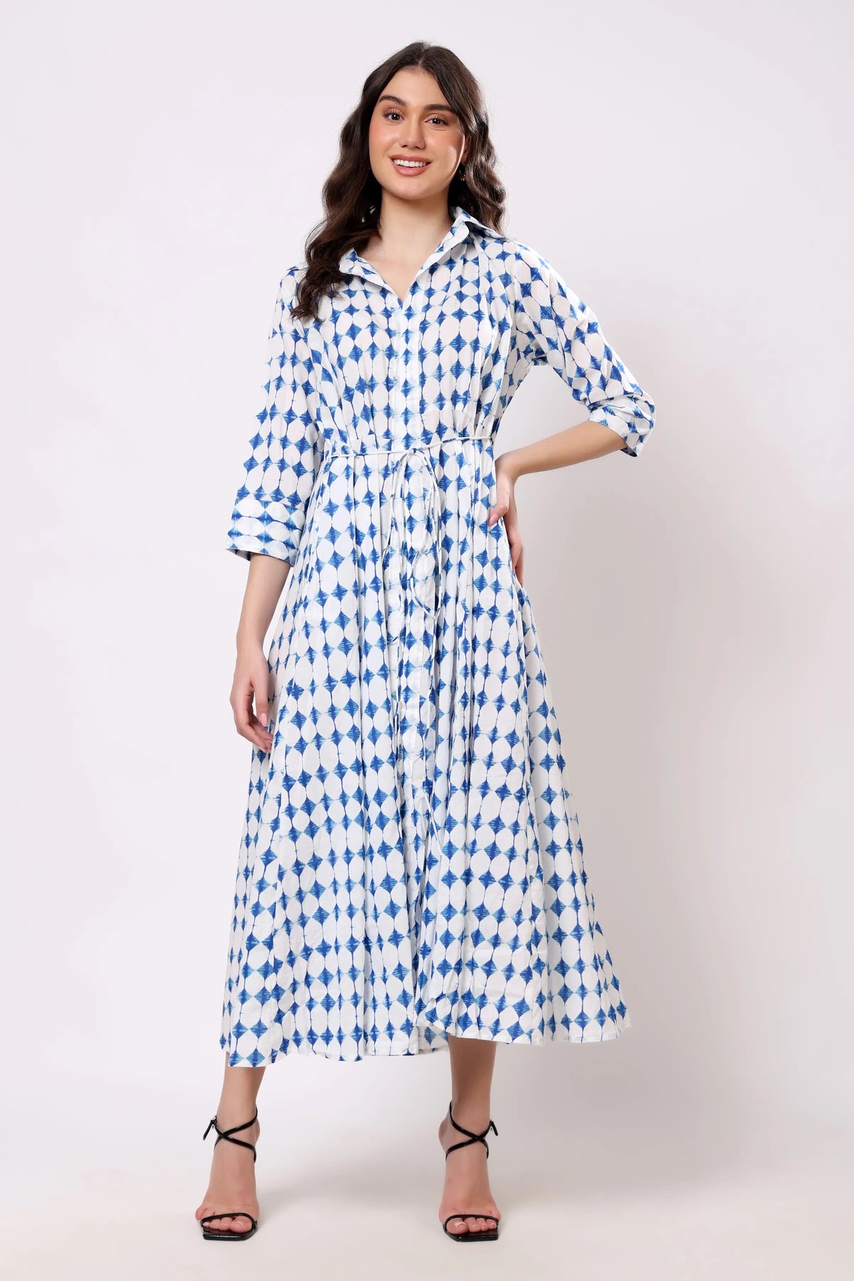 Blue Geometric Print Collared Midi Dress