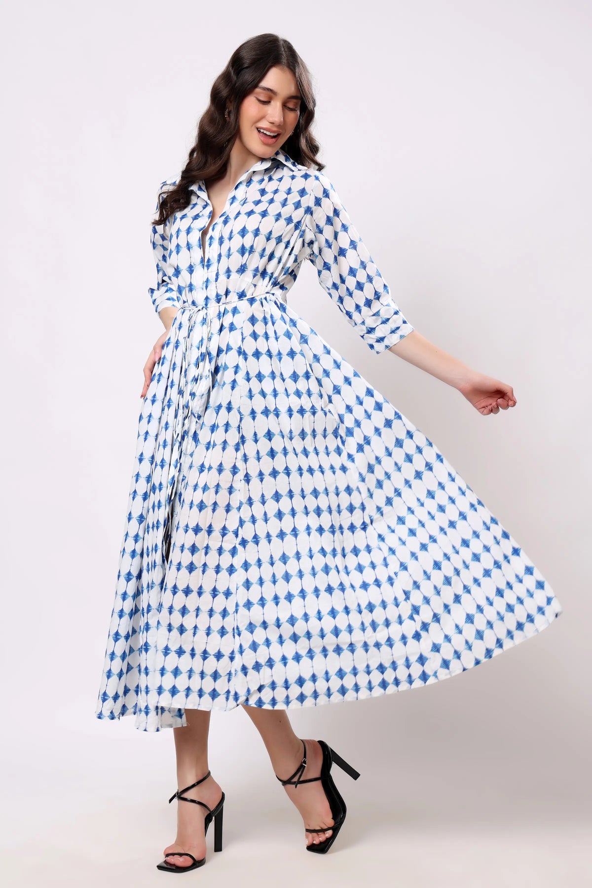 Blue Geometric Print Collared Midi Dress