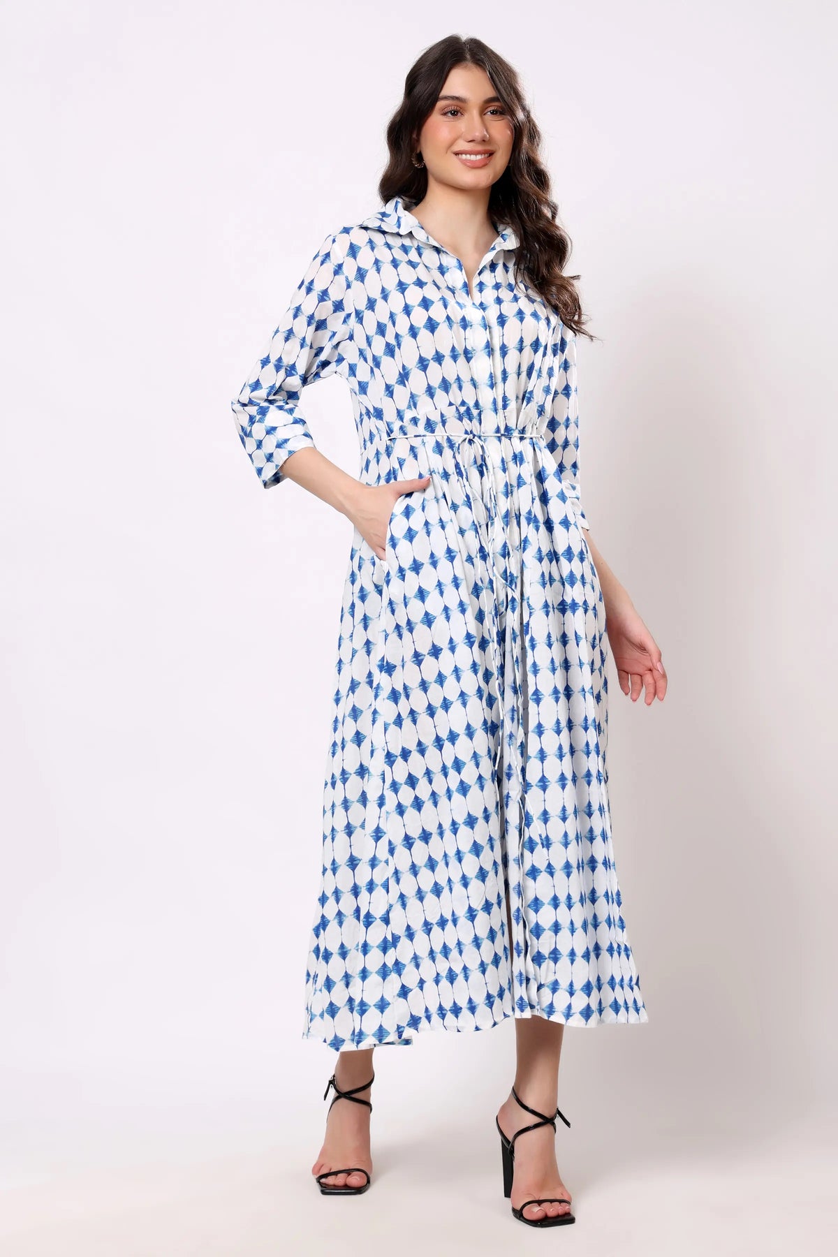 Blue Geometric Print Collared Midi Dress
