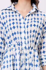 Blue Geometric Print Collared Midi Dress
