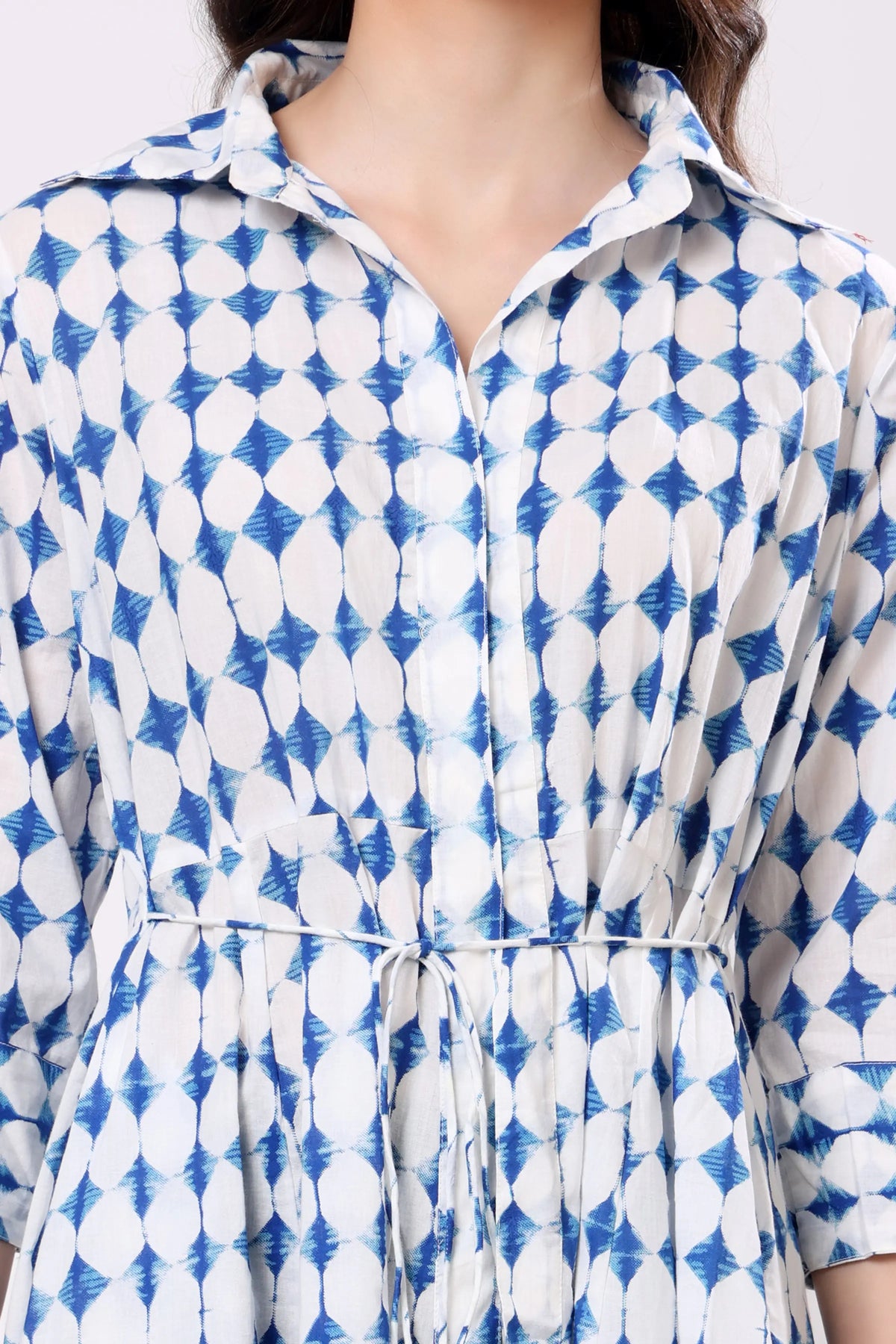 Blue Geometric Print Collared Midi Dress