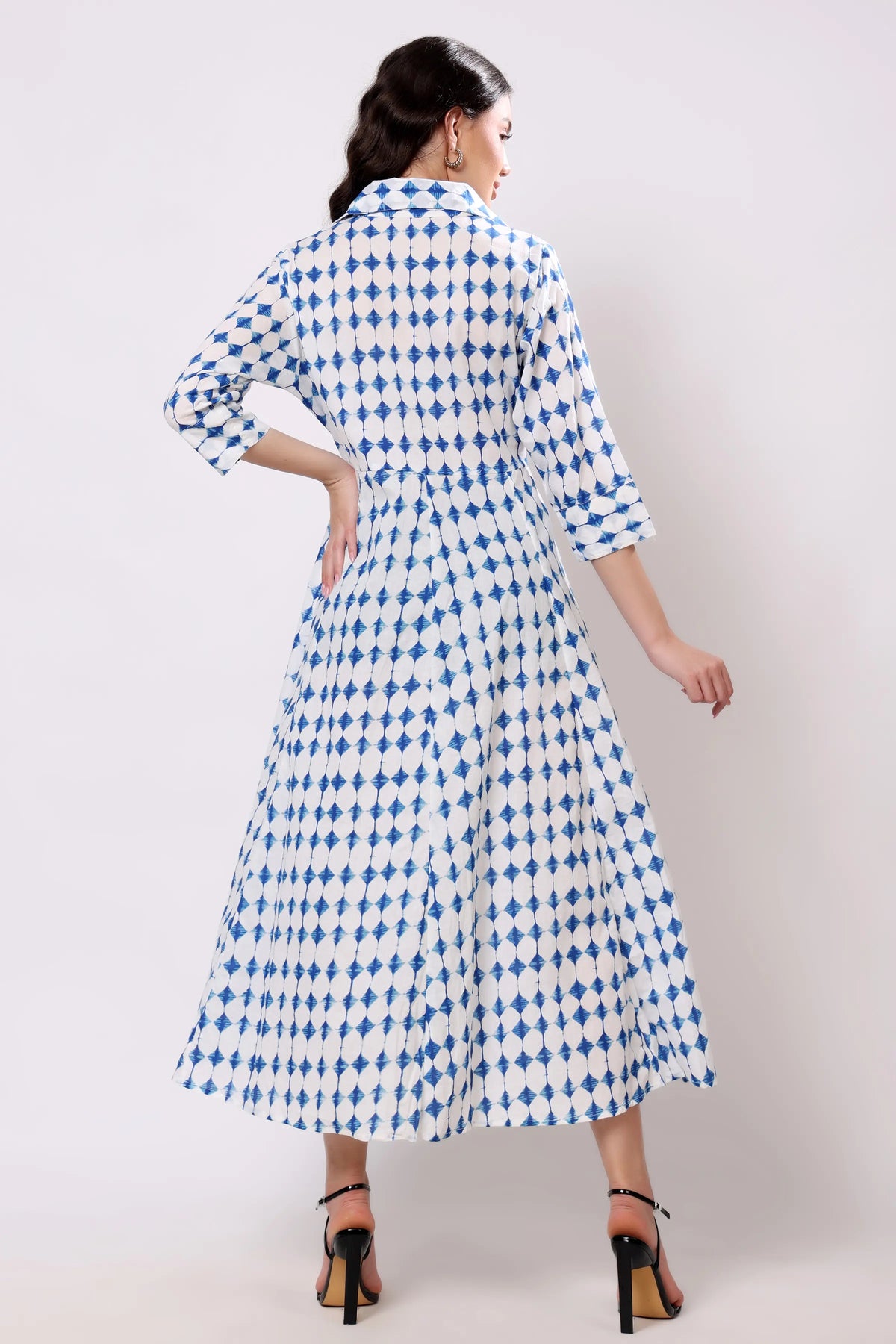 Blue Geometric Print Collared Midi Dress
