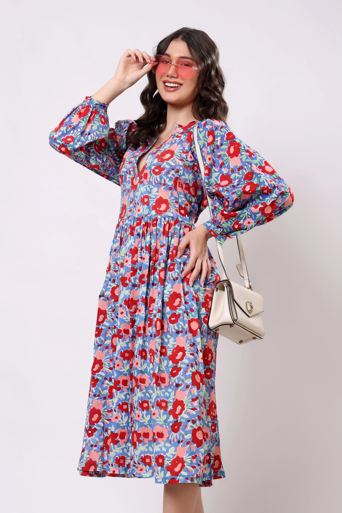Blue Multicolor Floral Printed Dress
