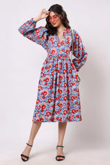 Blue Multicolor Floral Printed Dress