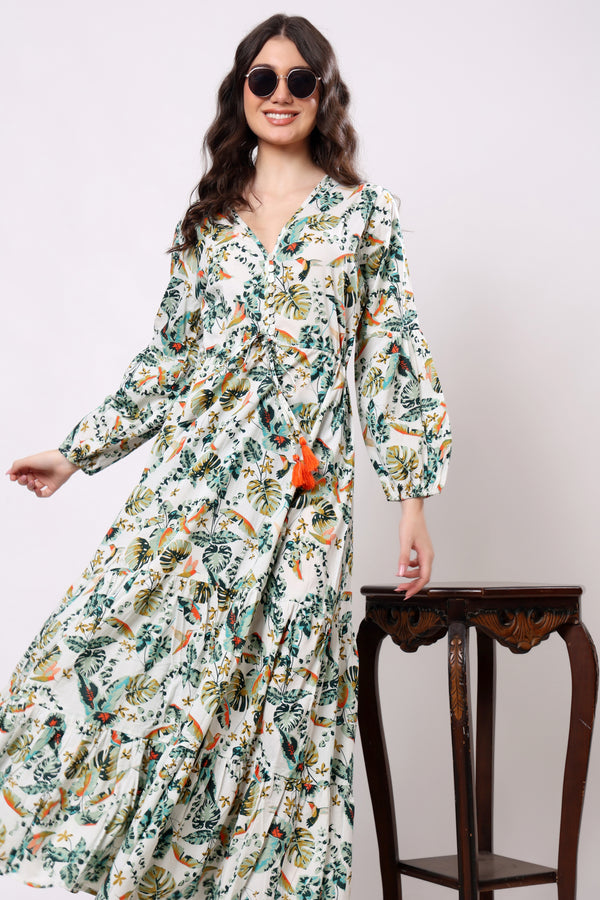 Sajag Ivory Tropical Bloom Print Flared Midi Dress