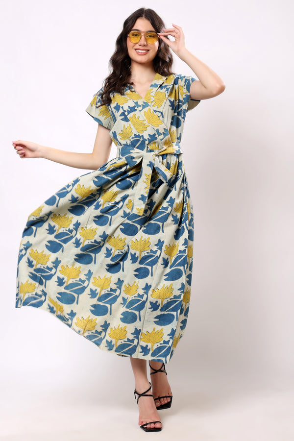 Sajag Ivory Blue Floral Tie-Waist Midi Dress