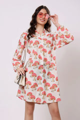 Sajag Coral Mushroom Print Relaxed Shirt Dress