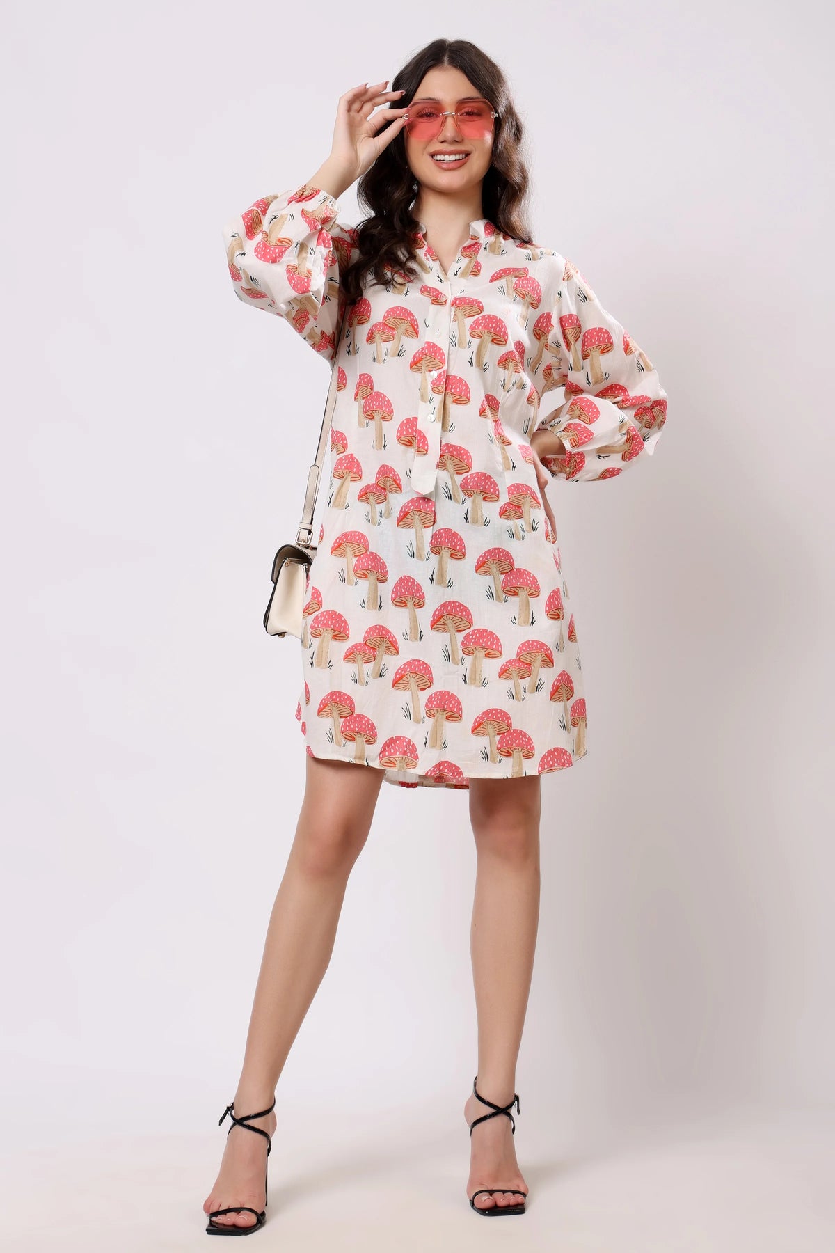 Sajag Coral Mushroom Print Relaxed Shirt Dress