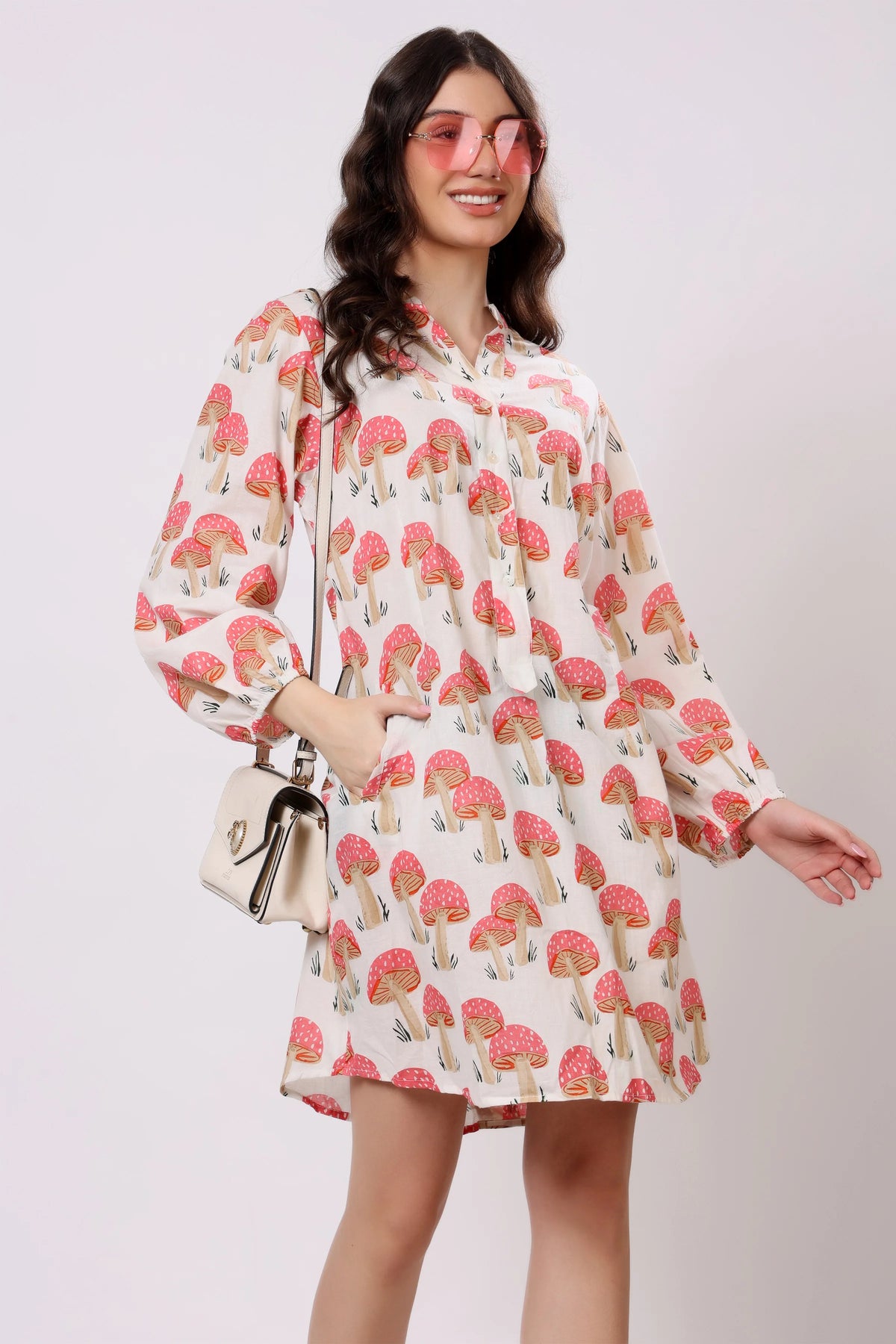 Sajag Coral Mushroom Print Relaxed Shirt Dress