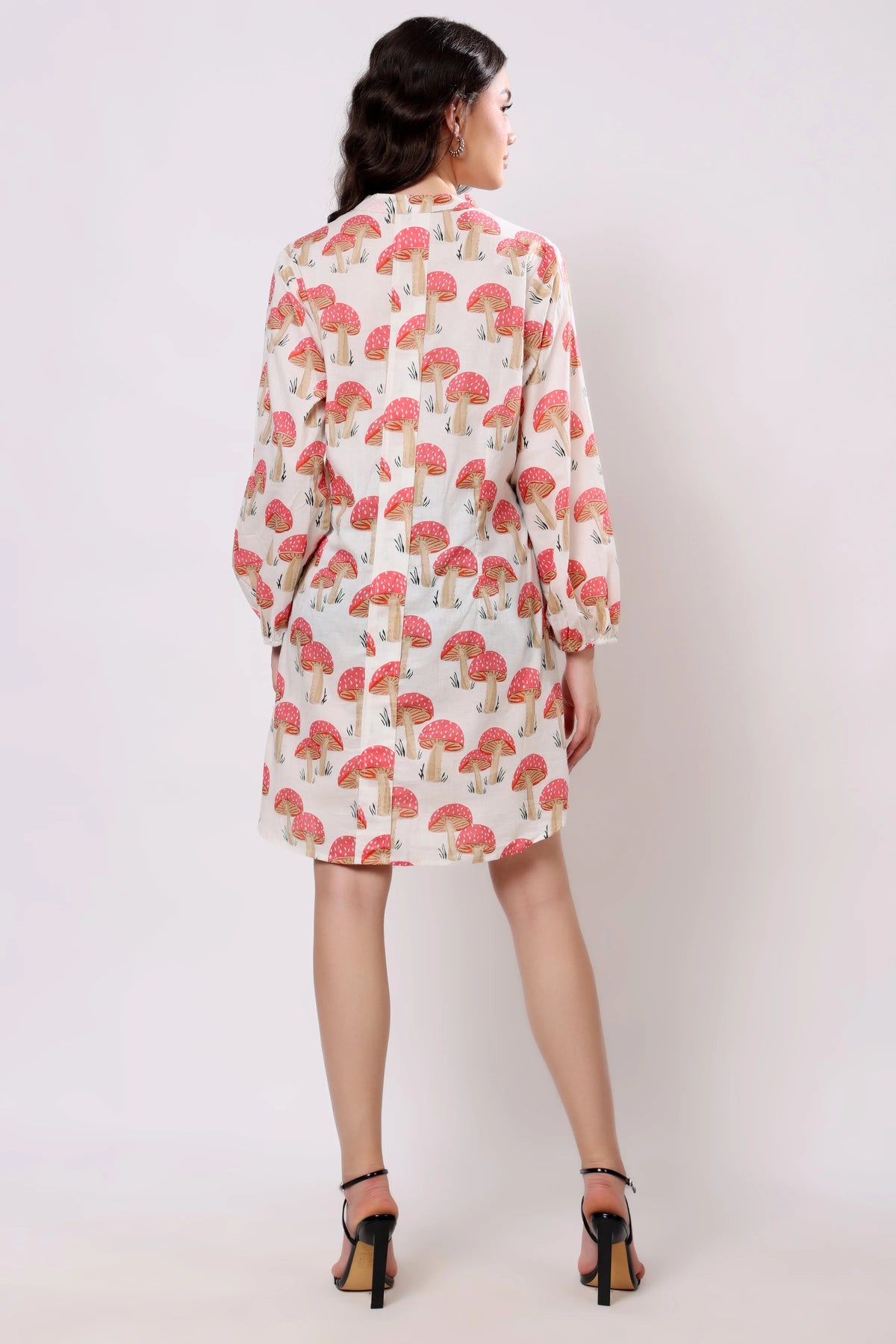 Sajag Coral Mushroom Print Relaxed Shirt Dress