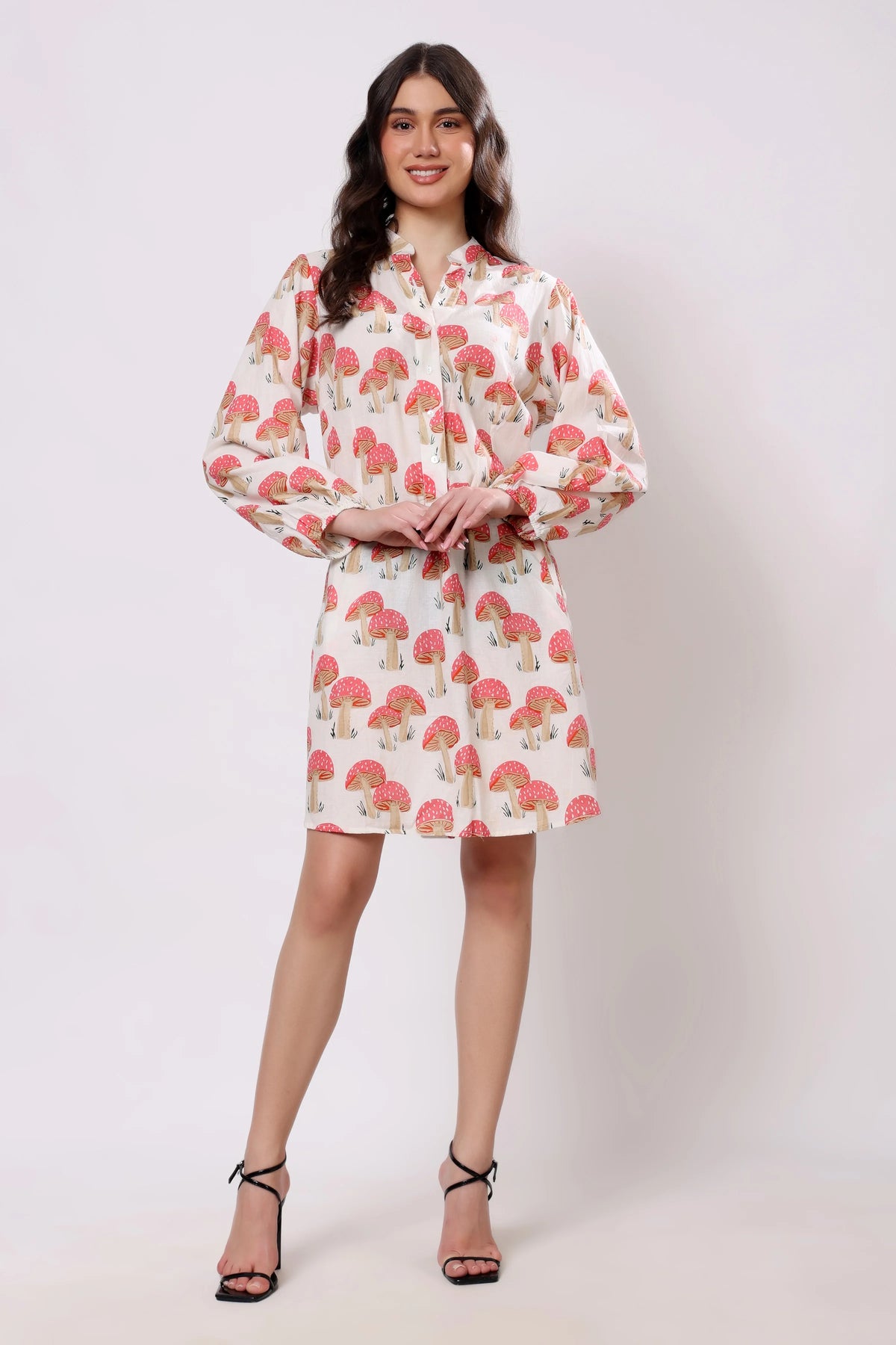 Sajag Coral Mushroom Print Relaxed Shirt Dress