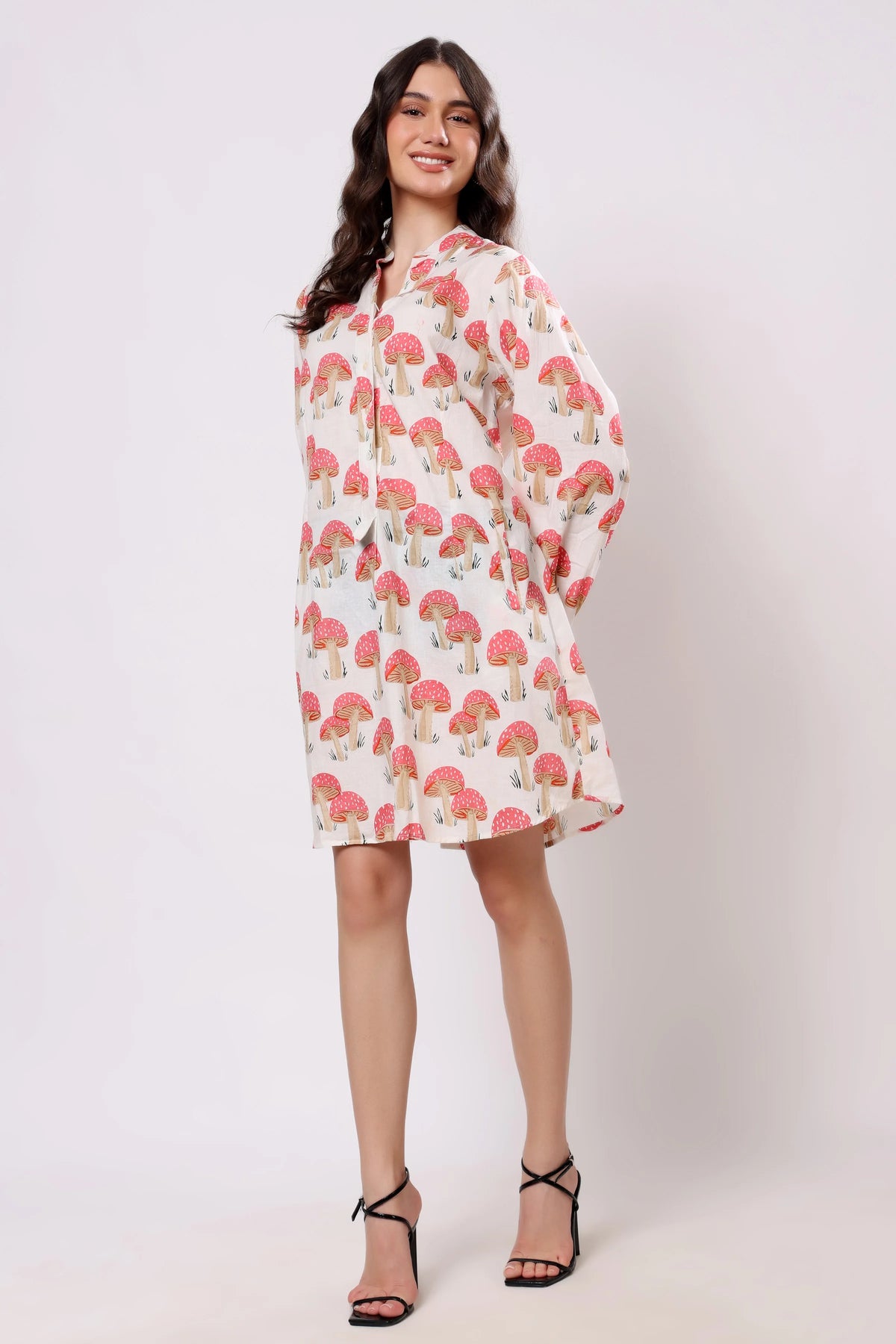Sajag Coral Mushroom Print Relaxed Shirt Dress