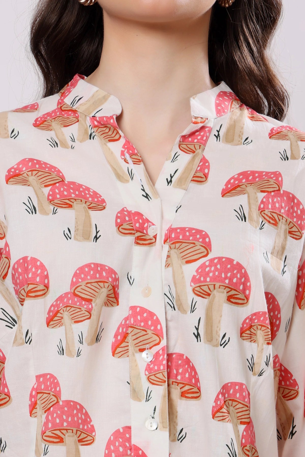 Sajag Coral Mushroom Print Relaxed Shirt Dress
