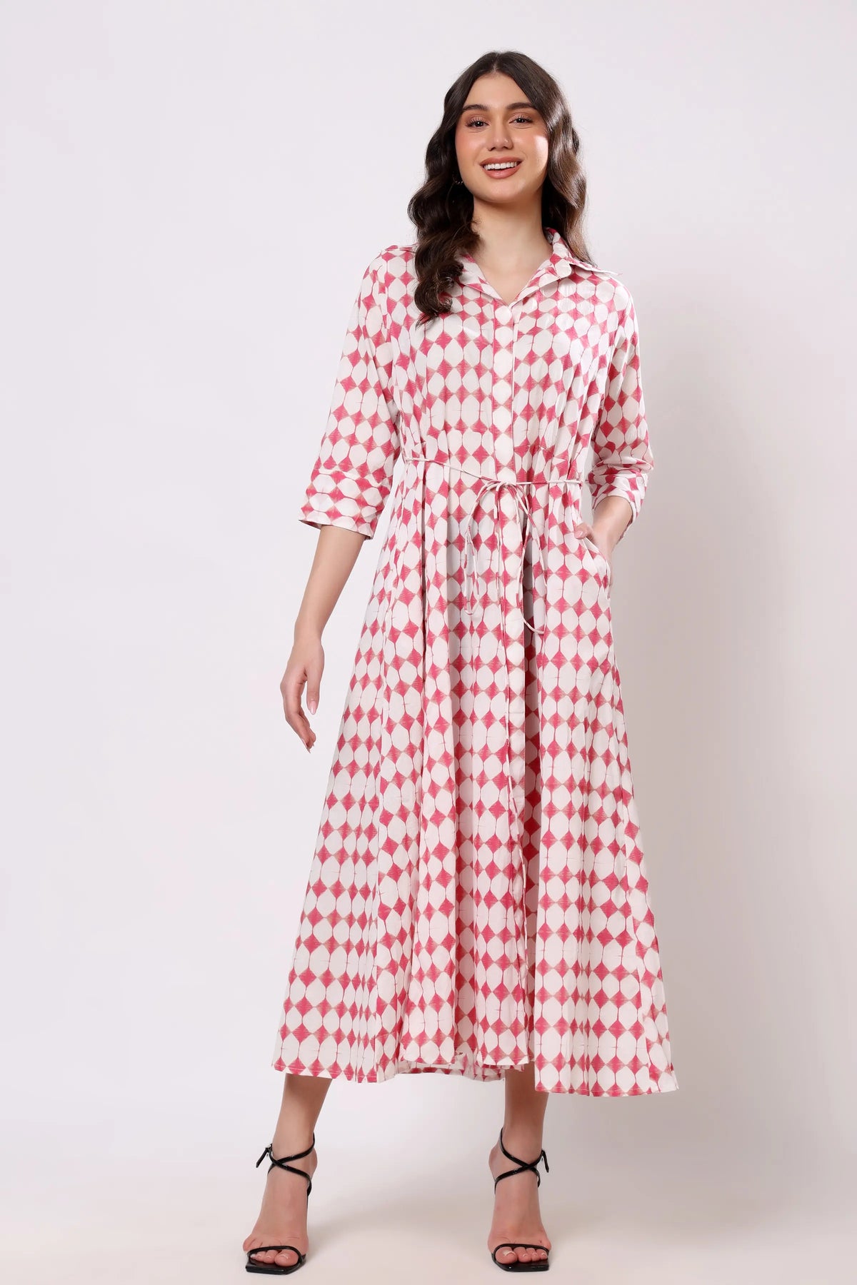 Pink Geometric Print Tie-Waist Midi Dress
