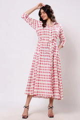 Pink Geometric Print Tie-Waist Midi Dress