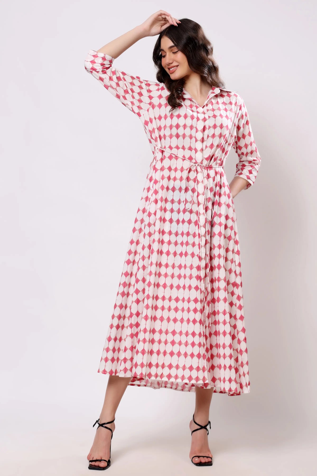 Pink Geometric Print Tie-Waist Midi Dress