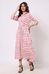 Pink Geometric Print Tie-Waist Midi Dress