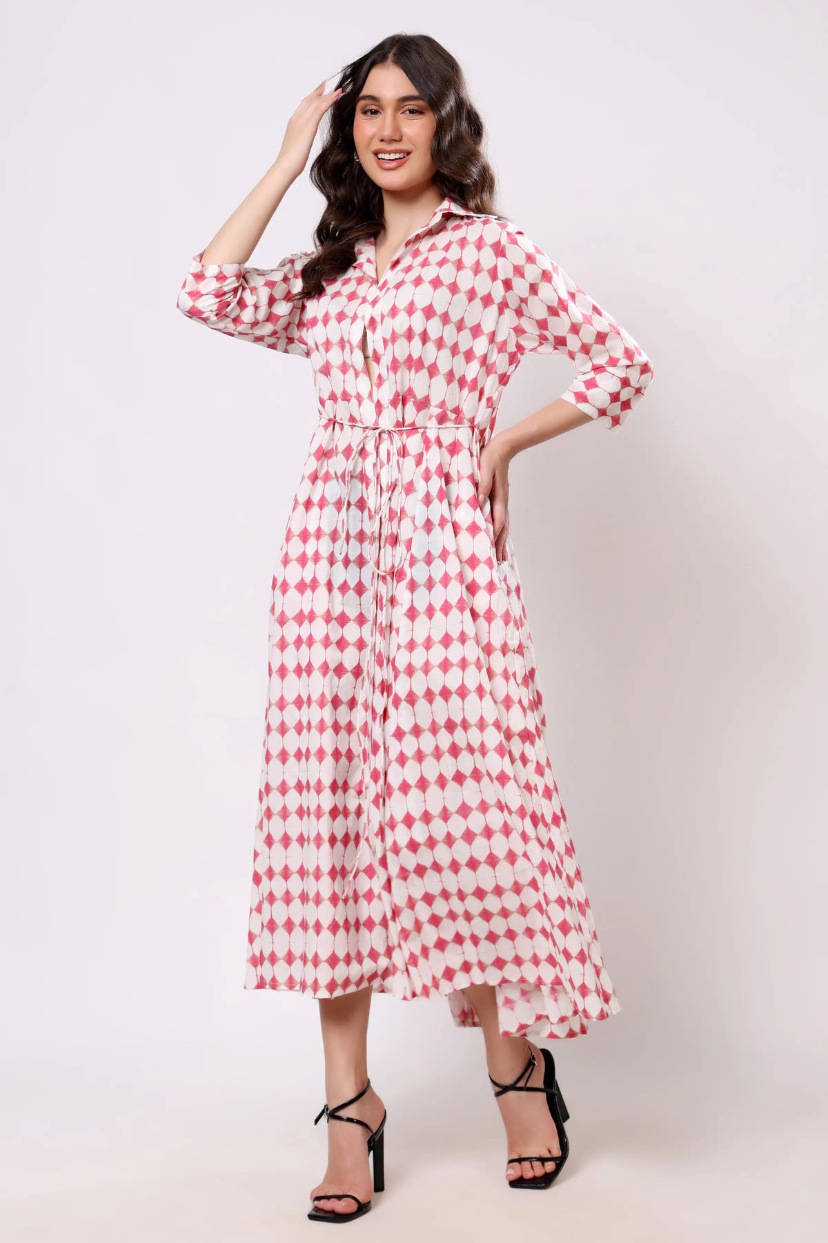 Pink Geometric Print Tie-Waist Midi Dress