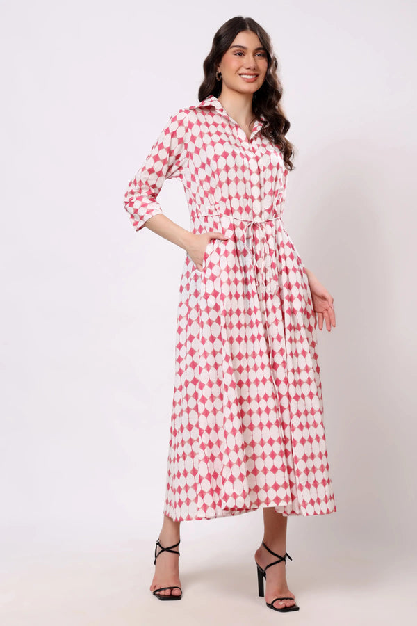 Pink Geometric Print Tie-Waist Midi Dress