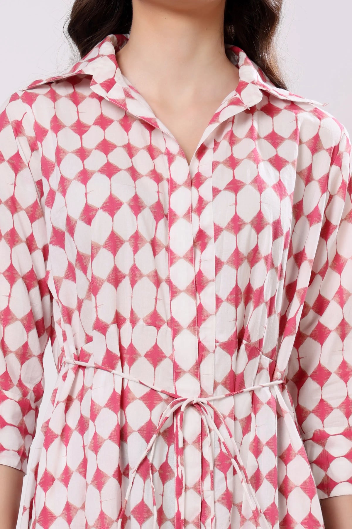 Pink Geometric Print Tie-Waist Midi Dress