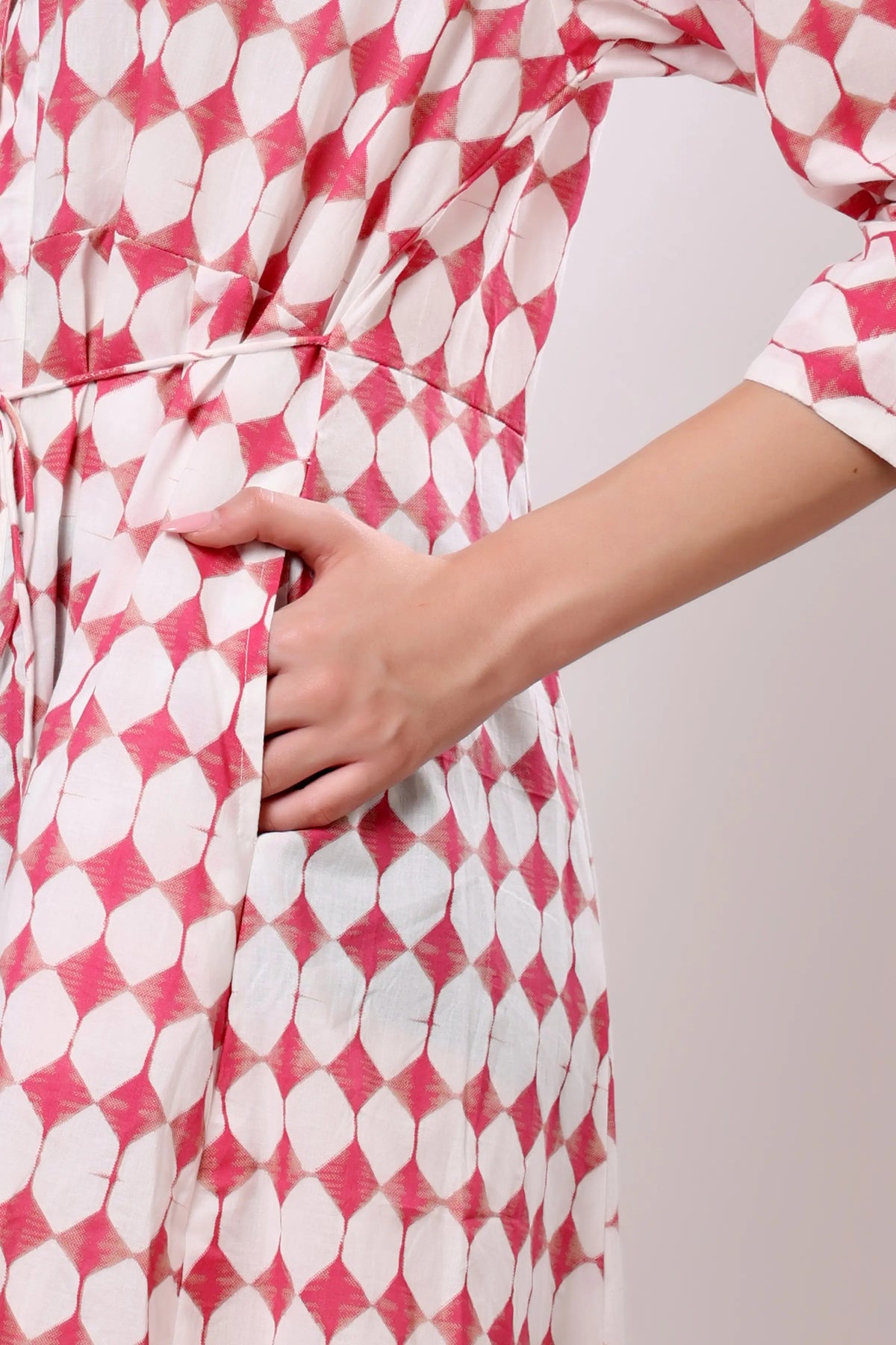 Pink Geometric Print Tie-Waist Midi Dress