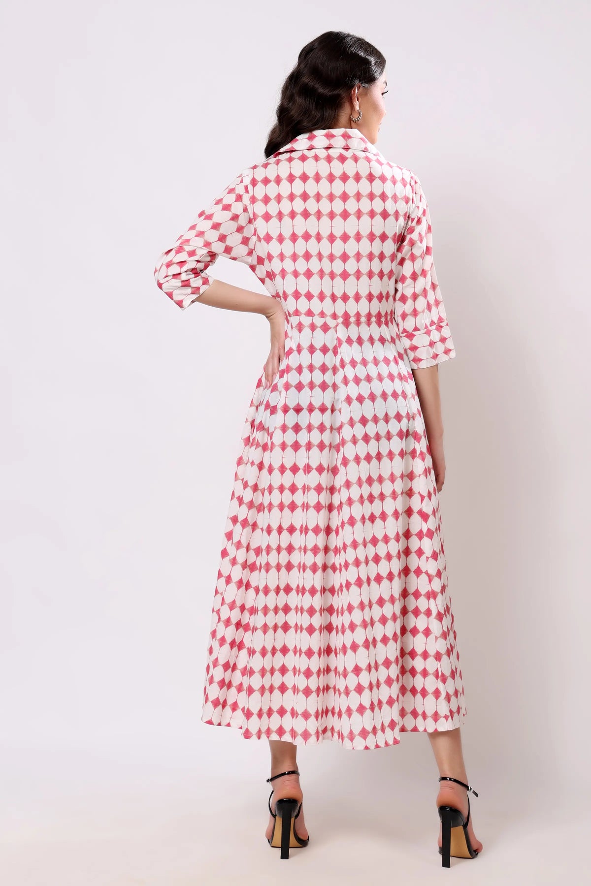 Pink Geometric Print Tie-Waist Midi Dress