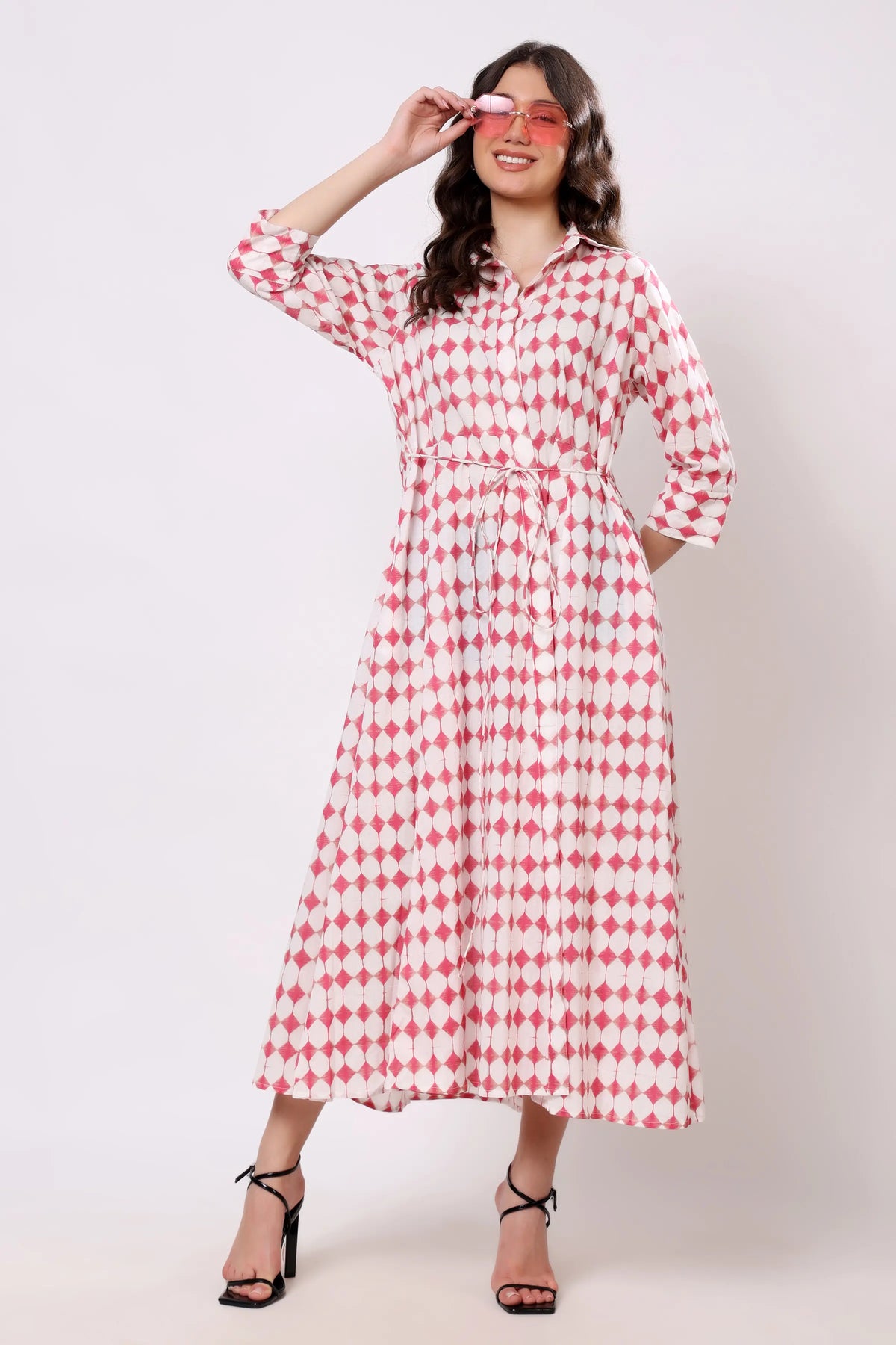 Pink Geometric Print Tie-Waist Midi Dress