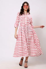 Pink Geometric Print Tie-Waist Midi Dress