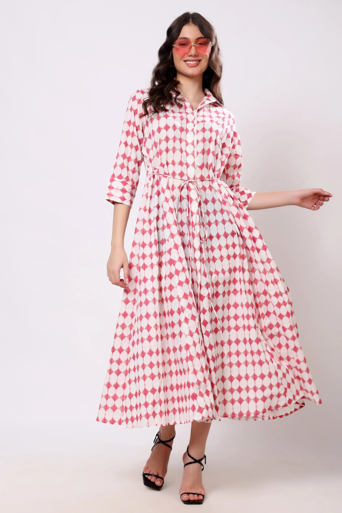 Pink Geometric Print Tie-Waist Midi Dress
