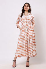 Rust Geometric Print Collared Midi Dress