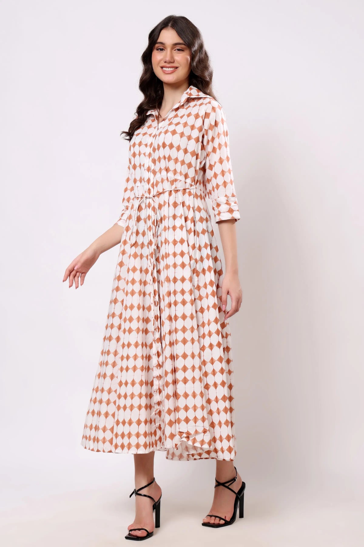 Rust Geometric Print Collared Midi Dress