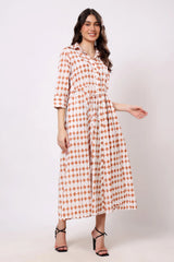 Rust Geometric Print Collared Midi Dress