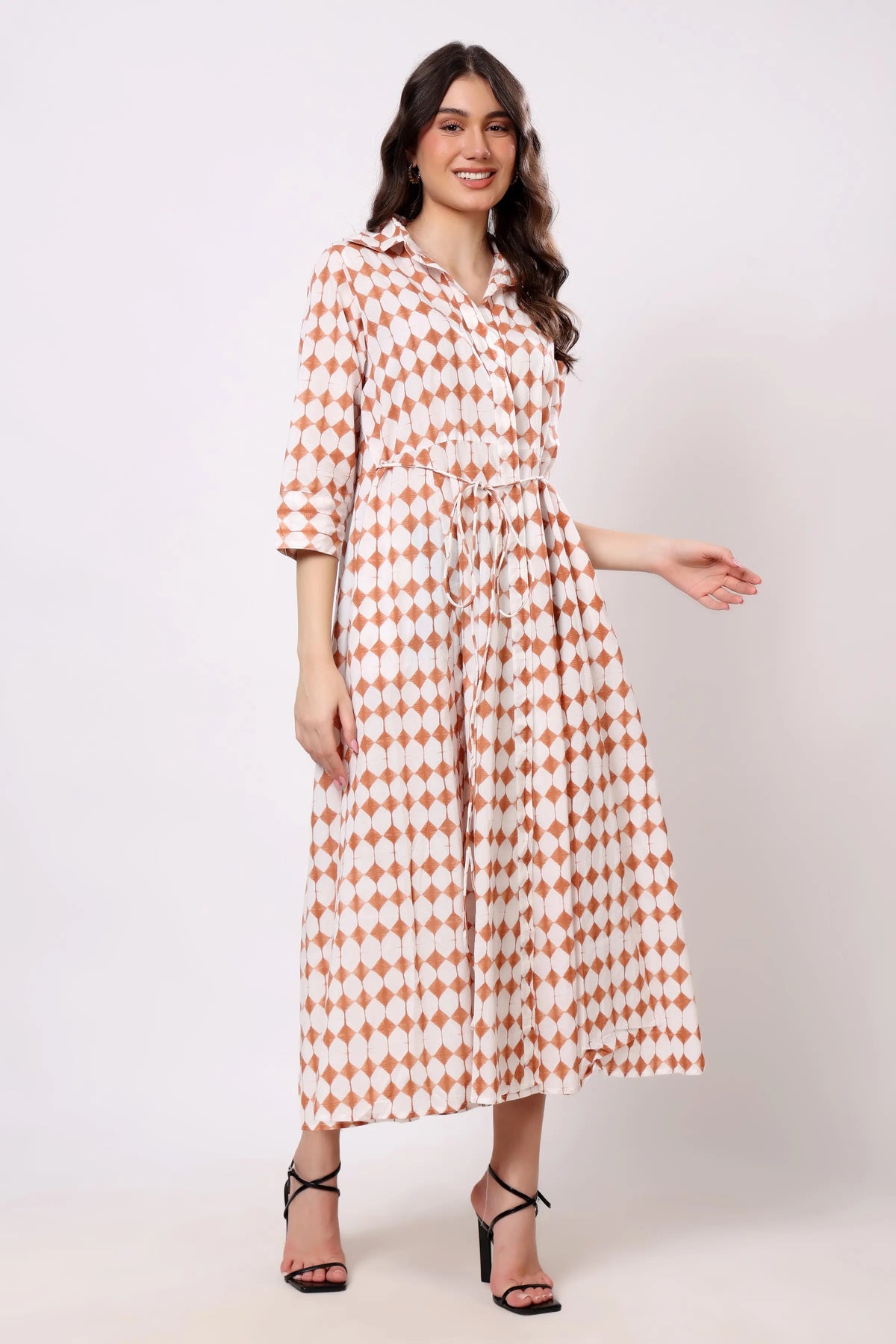Rust Geometric Print Collared Midi Dress