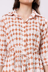 Rust Geometric Print Collared Midi Dress