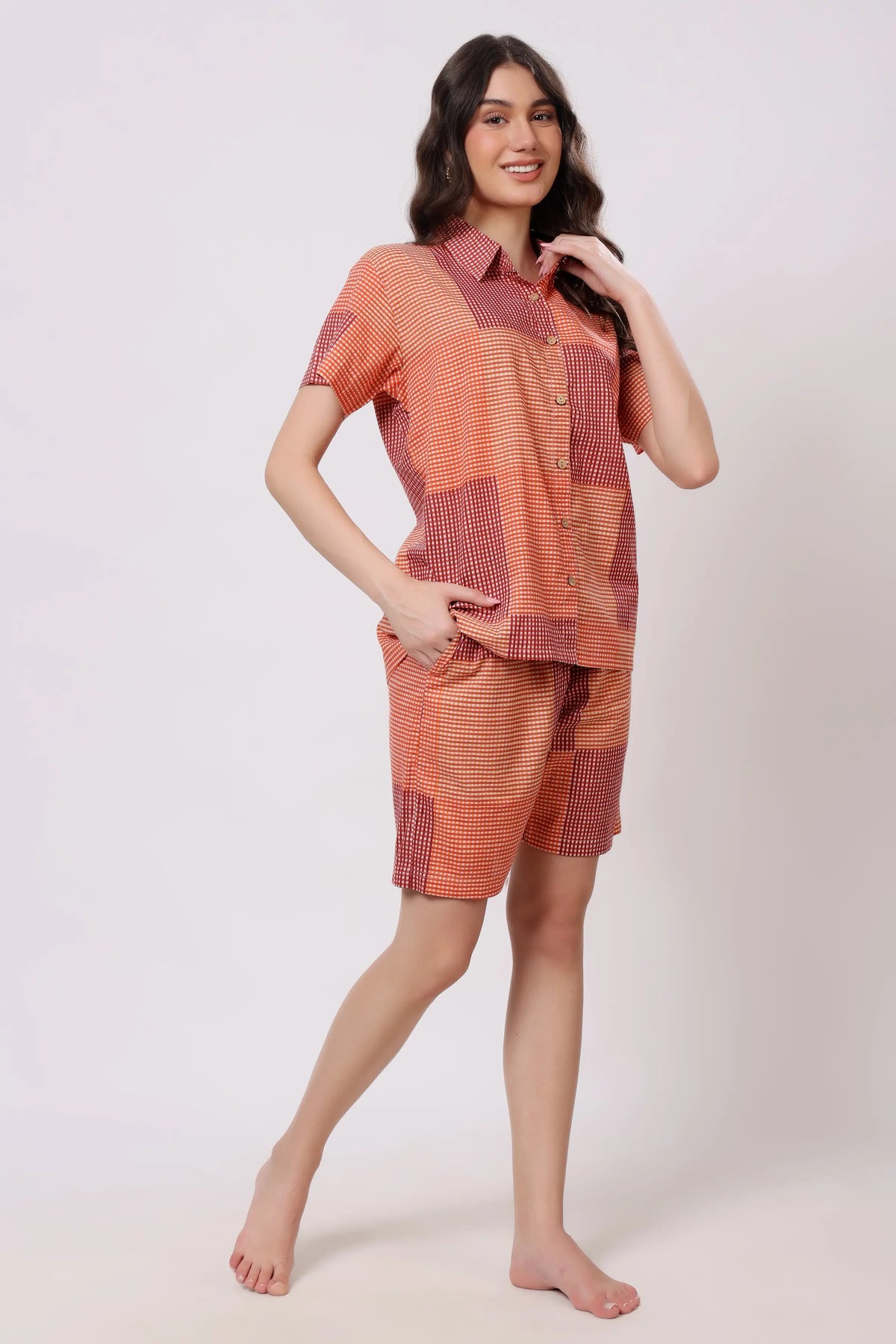 Rust Orange Checked Cotton Co-ord Set
