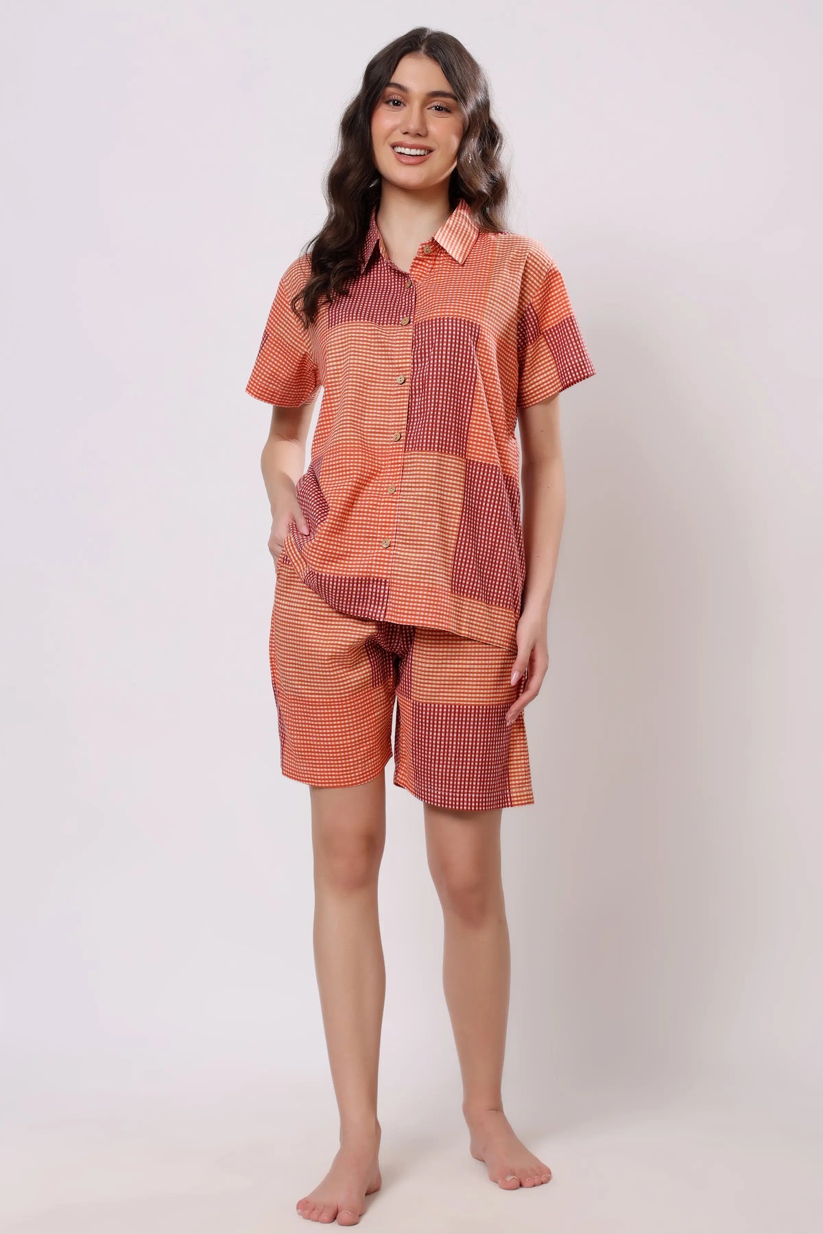 Rust Orange Checked Cotton Co-ord Set