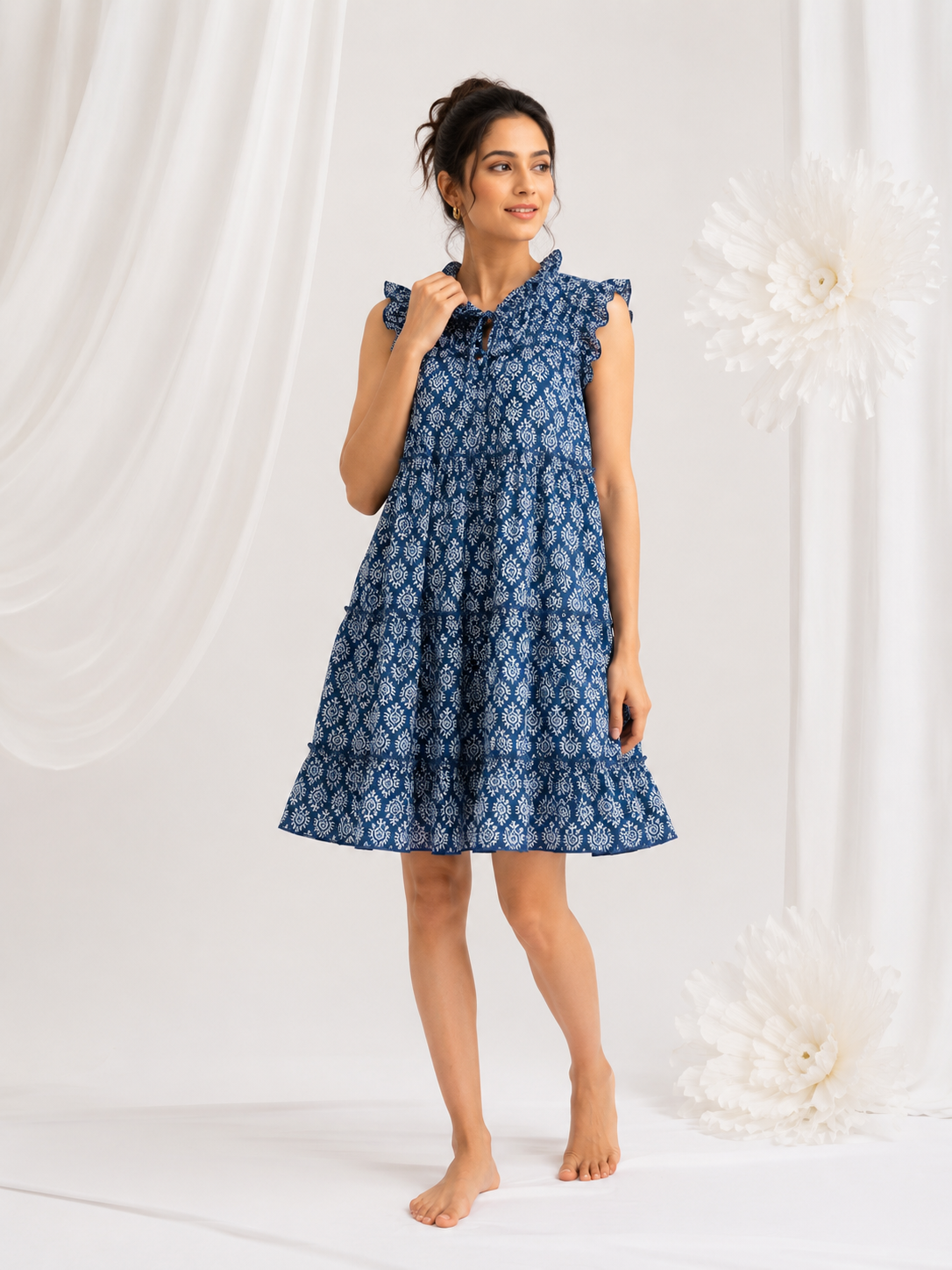 Indigo Navy Blue Cotton Ruffle Dress