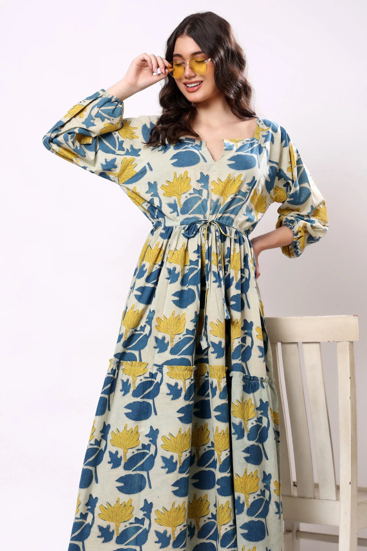 Sajag Blue Botanical Print Tie-Waist Tiered Maxi Dress