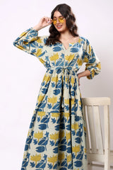 Sajag Blue Botanical Print Tie-Waist Tiered Maxi Dress