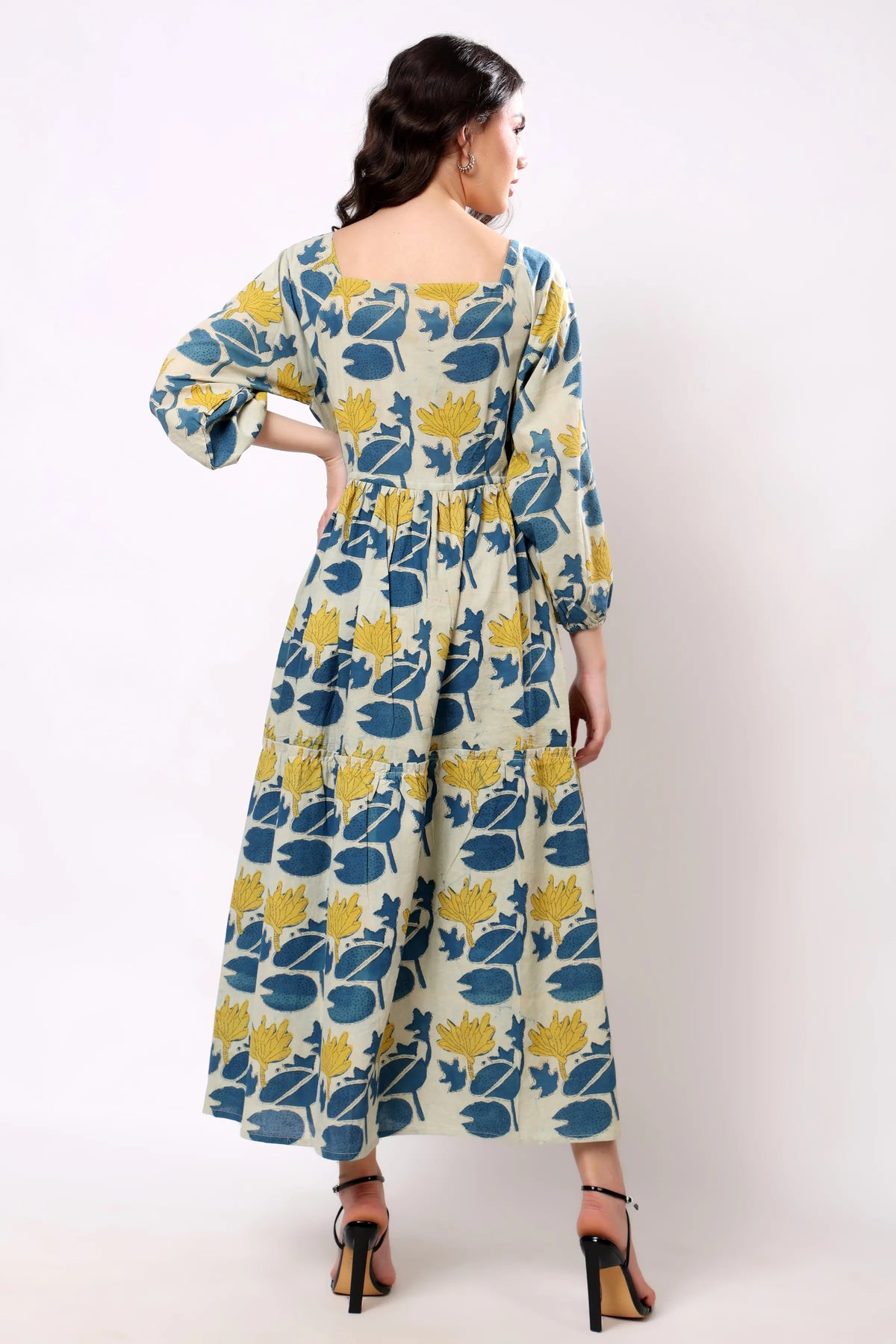 Sajag Blue Botanical Print Tie-Waist Tiered Maxi Dress