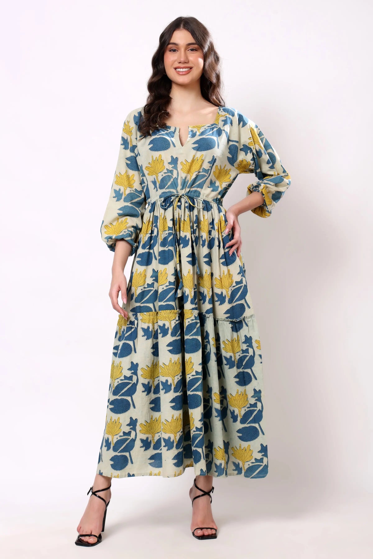 Sajag Blue Botanical Print Tie-Waist Tiered Maxi Dress